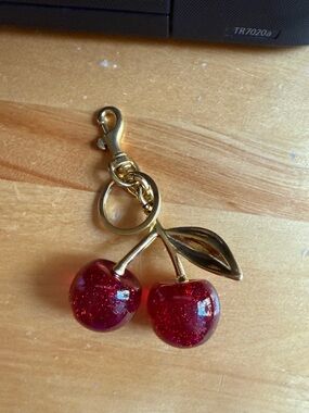 Gold-Tone Cherry Key and Bag Charm in Red Glitter